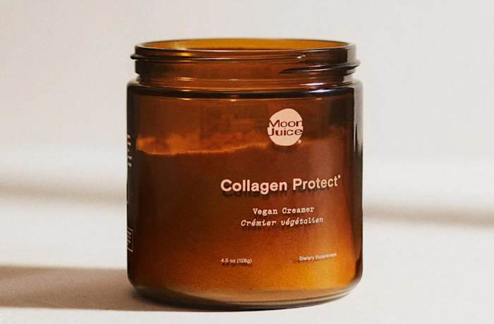 An amber-colored glass container of Moon Juice Collagen Protect